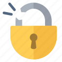 broken, padlock, round, security, yellow