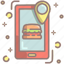 location, search, burger, food, mobile, navigation, phone