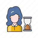 deadline, employee, female, hourglass, stopwatch