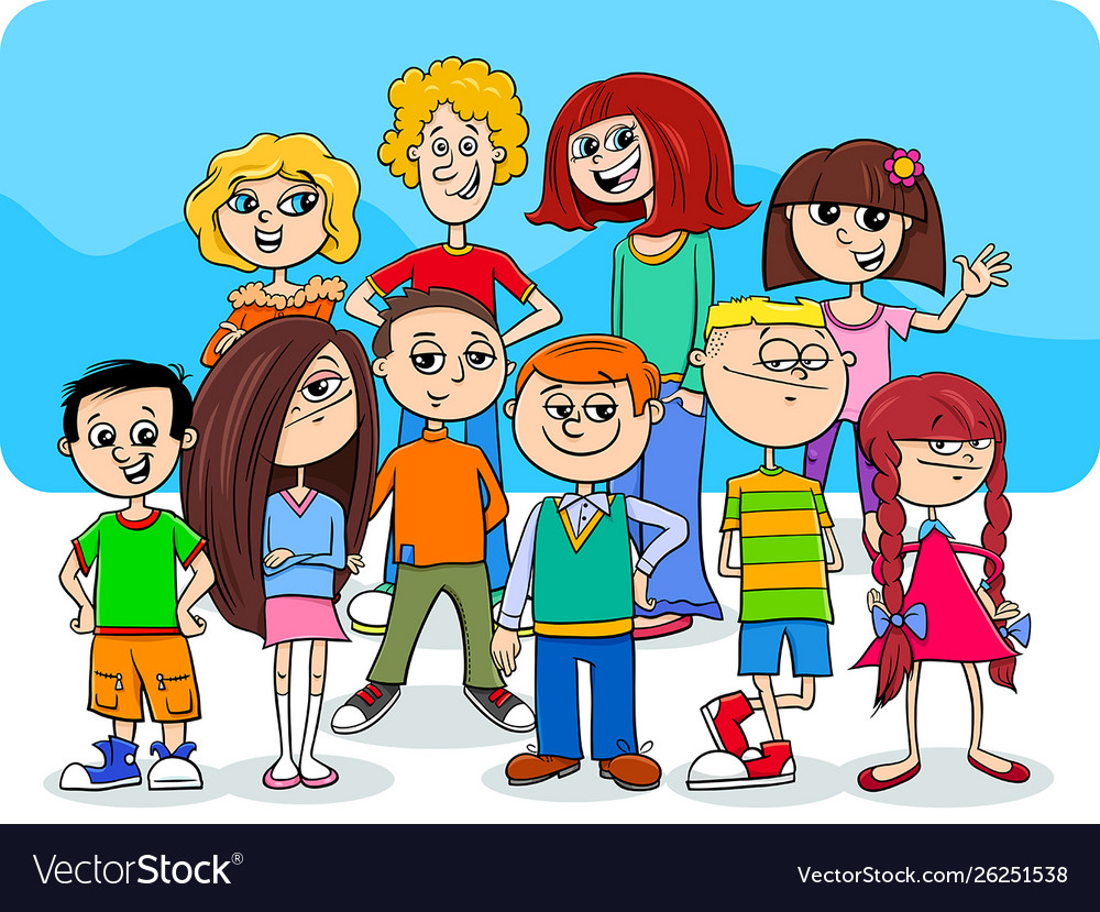 Children and teens cartoon characters group Vector Image