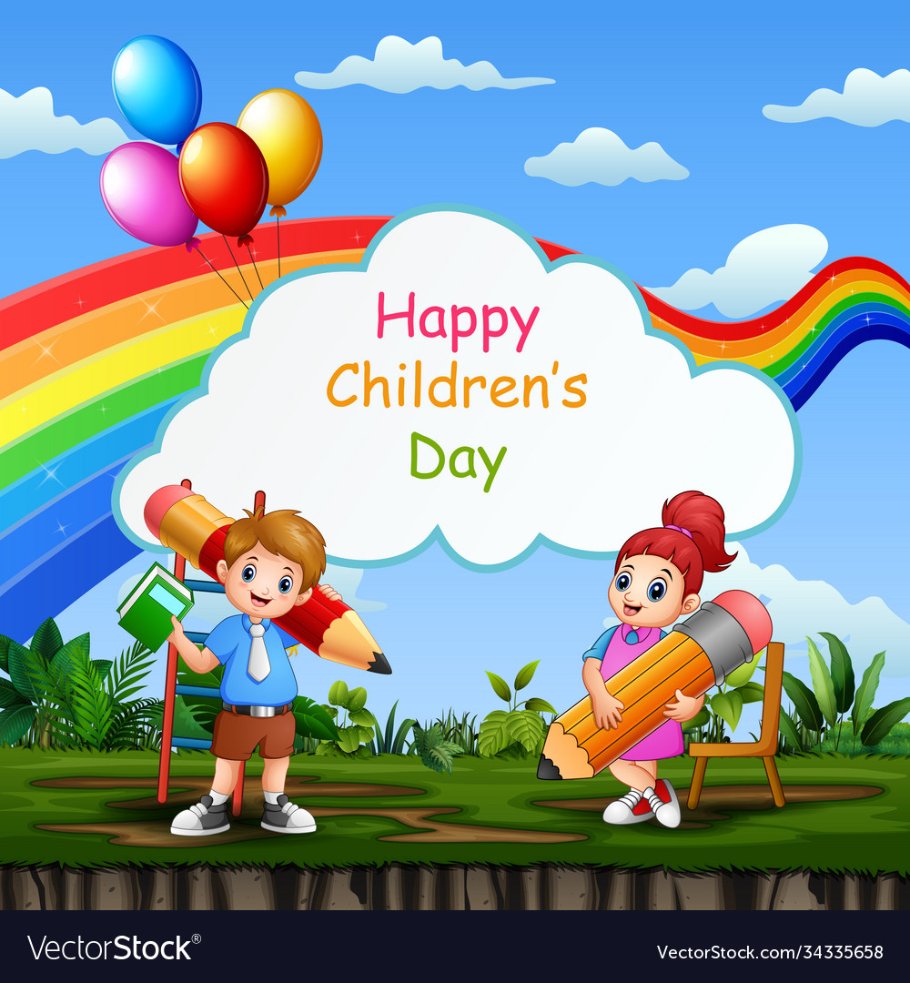 Happy children day template with school kids Vector Image