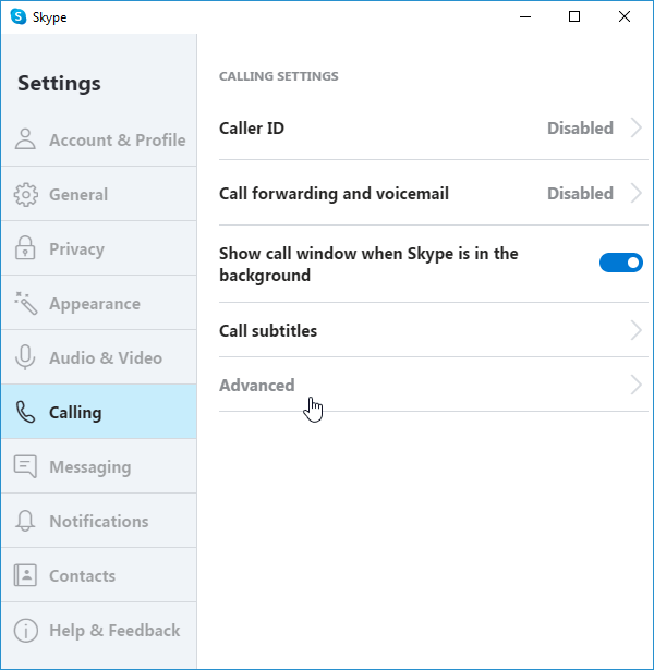 Advanced settings are shown under the Calling tab in Skype&apos;s Settings.