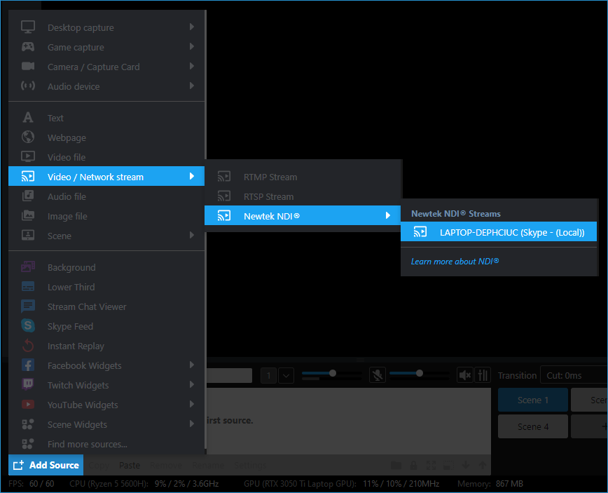 Add Source &gt; Video/Network Stream &gt; Newtek NDI with the NDI stream highlighted