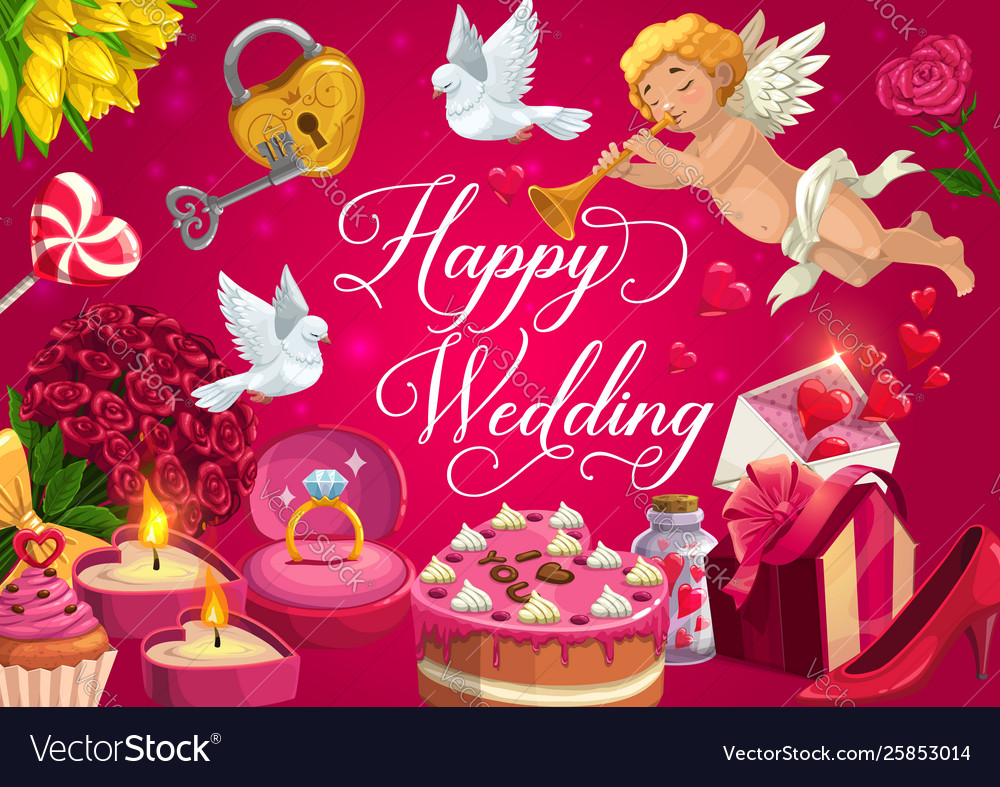 Happy wedding marriage gifts cake and hearts Vector Image