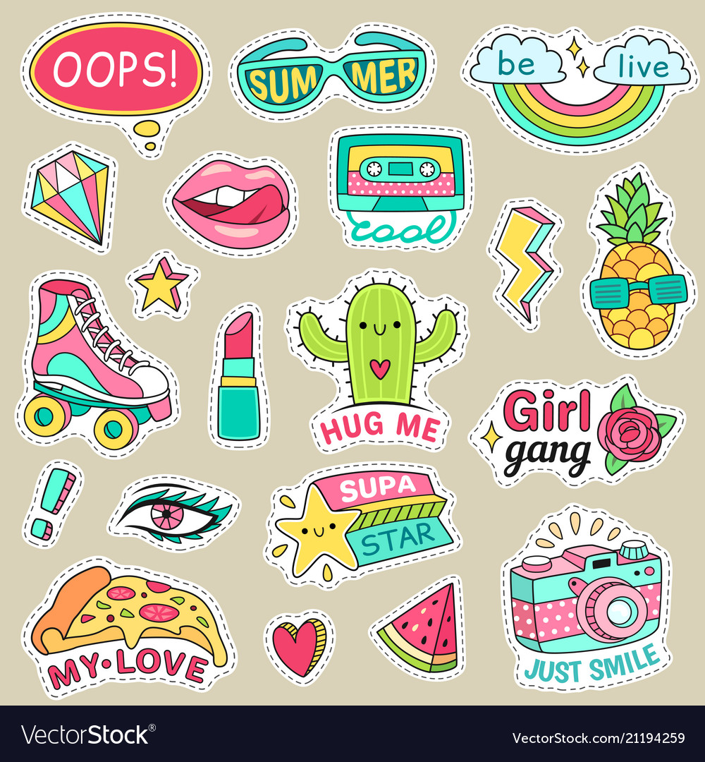 Fun fashion teenage stickers cute cartoons Vector Image