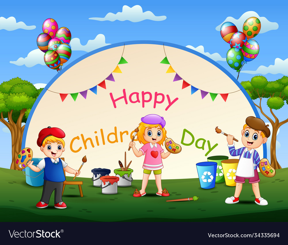 Happy children day template with kids painting Vector Image