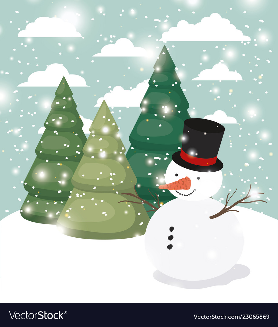 Mery christmas card with snowman in snowscape Vector Image