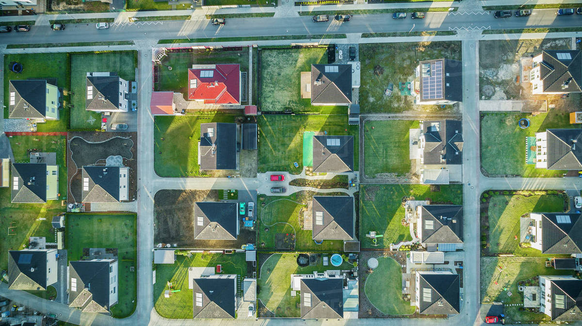 Directly Above View Of Houses In Suburb Berlin Brandenburg Germany Stock Photo Dissolve