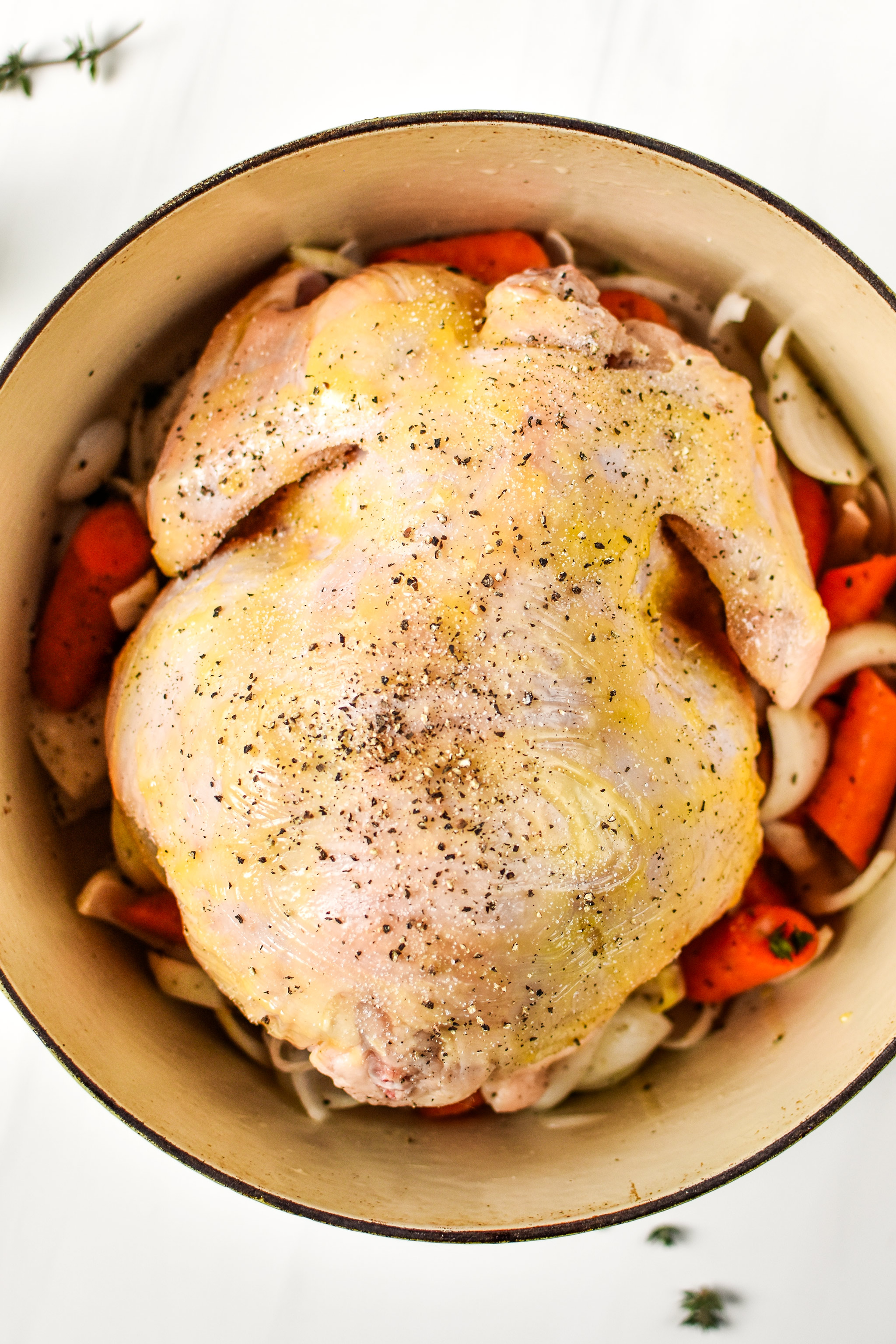 what the chicken looks like going into the oven for the simple whole roast chicken