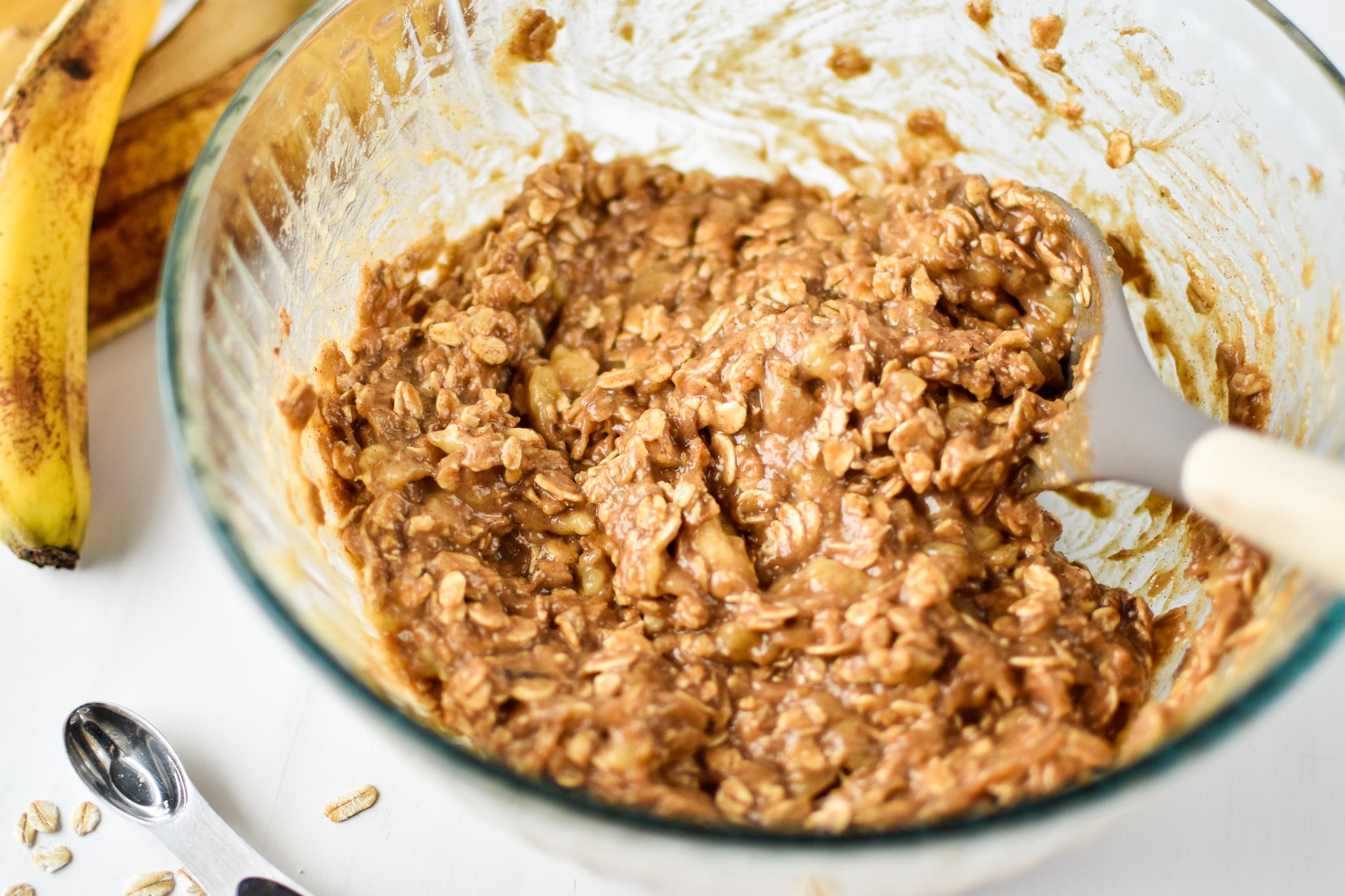 Ingredients for the PB Banana Oatmeal Breakfast Bars all mixed up.