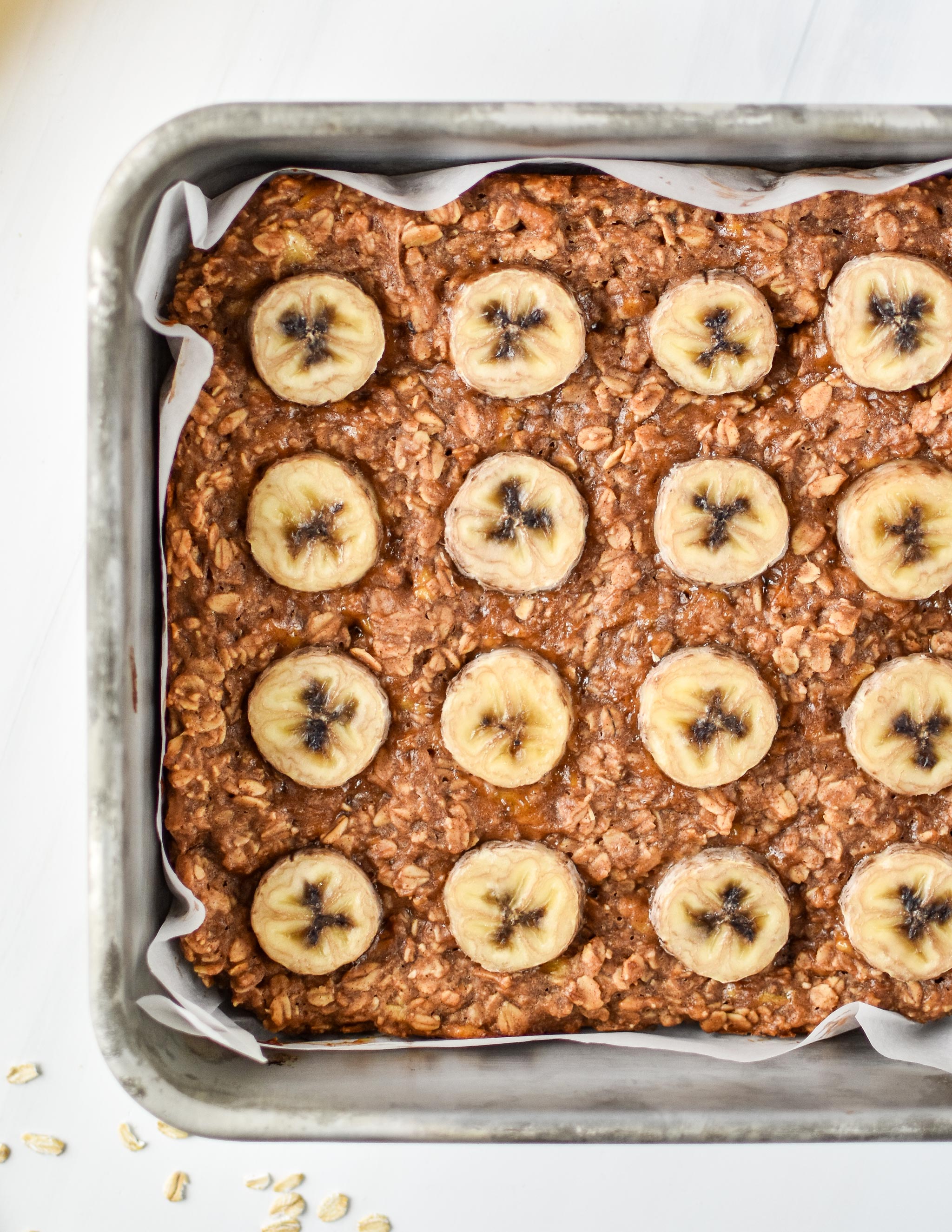 Fresh from the oven before being cut - PB Banana Oatmeal Breakfast Bars.