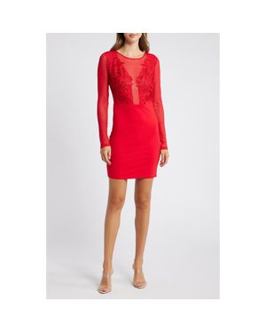 Bebe Long Sleeve Lace & Mesh Cocktail Minidress - Red