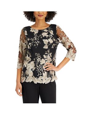 Alex Evenings Embroidered 3/4 Sleeve Blouse - Black