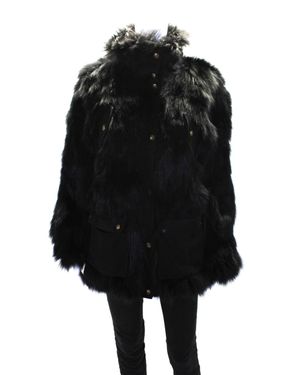 Army by Yves Salomon Front Zip Collared Coat Faux Fur - Black