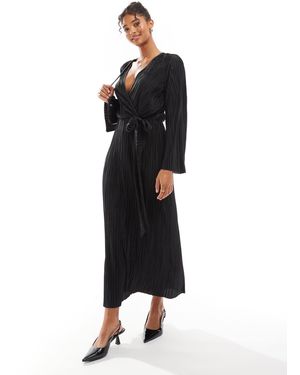 ASOS Plisse Wrap Tie Front Midi Dress With Wide Sleeve - Black