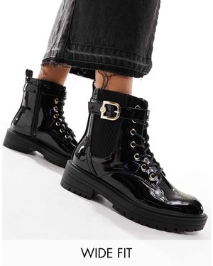 River Island Wide Fit Lace Up Boot With Gold Buckle - Black