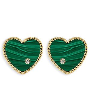 Yvonne Léon 9K Paire De Baby Puces Coeur Malachite & Diamond Heart Stud Earrings - Green