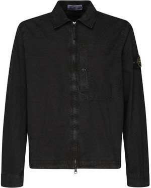 Stone Island Compass Patch Zip-Up Shirt Jacket - Black