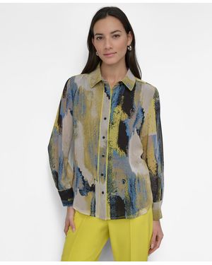 DKNY Printed Collared Button-front Shirt - Blue