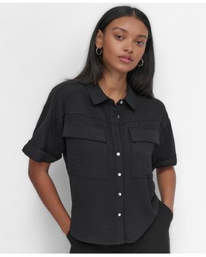 DKNY Cuffed-sleeve Relaxed-fit Camp Shirt - Black