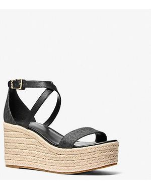 Michael Kors Serena Signature Logo And Leather Wedge Sandal - Black