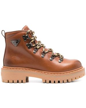 Prada Leather Lace-Up Boots - Brown