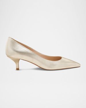 Stuart Weitzman Stuart Metallic Leather Kitten-Heel Pumps - White