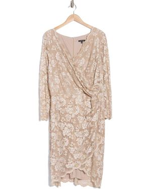 Marina Long Sleeve Faux Wrap Lace Dress - Natural