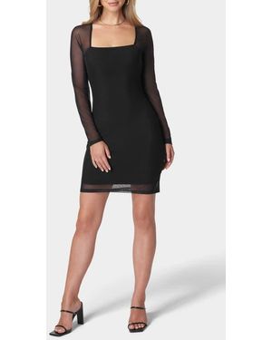 Bebe Square Neck Mesh Long Sleeve Dress - Black