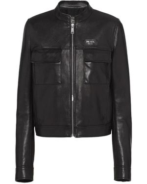 Prada Logo-Patch Zip-Up Leather Jacket - Black