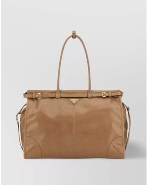 Prada Leather Shoulder Bag With Adjustable Strap - Natural