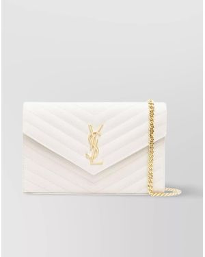 Saint Laurent Monogram Chevron-Quilted Chain Wallet - Natural