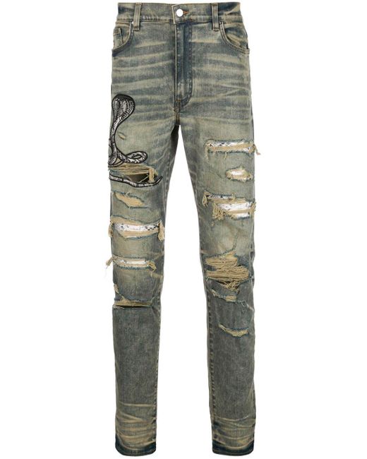 Amiri Blue Cobra Embroidered Distressed Jeans for men