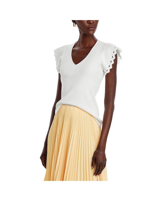 Tahari White Scalloped V Neck Pullover Top