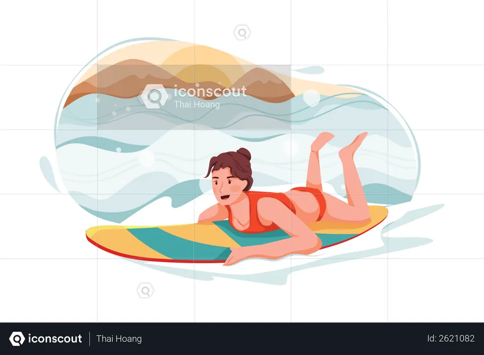 Señora surfeando en el mar  Ilustración