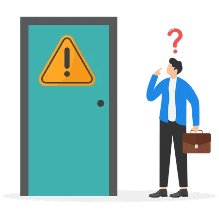 A man in a business suit stands surprised in front of a closed door with an exclamation mark  Illustration