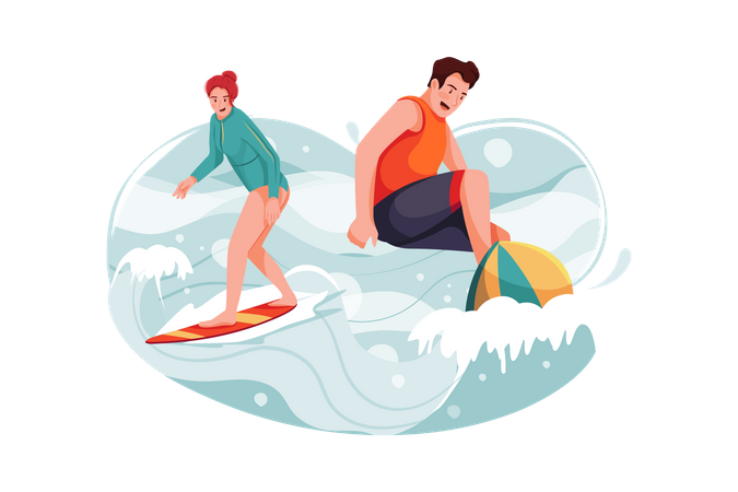 Amigos surfeando  Ilustración