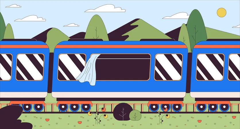 Passeio de trem pelas exuberantes montanhas de grama  Ilustração