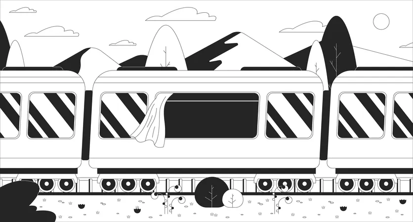 Passeio de trem pelas exuberantes montanhas de grama  Ilustração