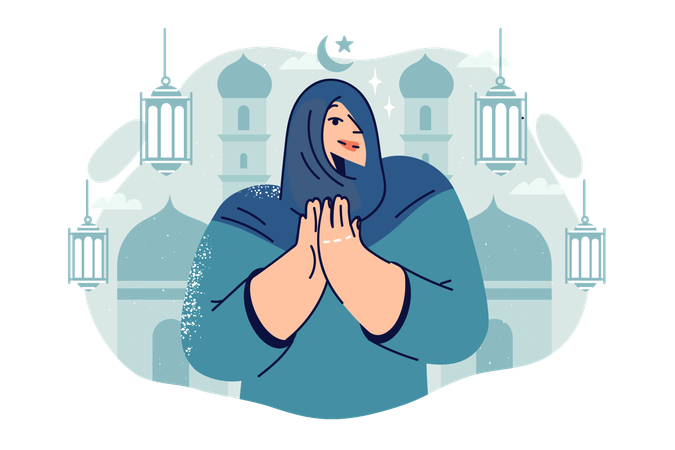 Arab woman prays standing near mosque  Illustration