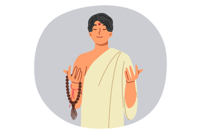 Asian Muslim man in traditional ethnic clothing prays and meditates holding rosary in hands  Illustration