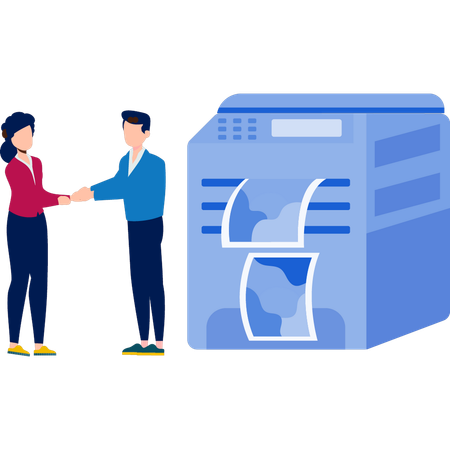 Boy and girl  doing hand shake near printing machine  Illustration