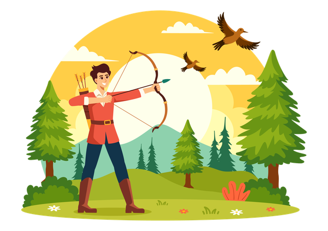 Boy hunts bird with archery  Illustration