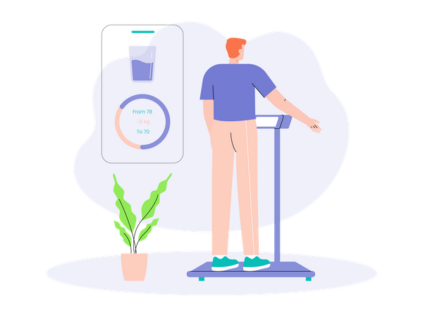 Boy measuring weight on weighing scale  Illustration