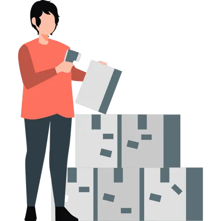 Boy packing parcel boxes  Illustration