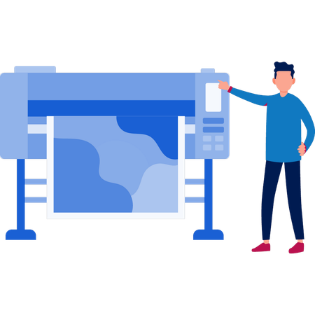 Boy pointing at paper of printer machine  Illustration