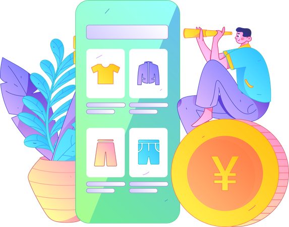 Boy using telescope finding shopping product from shopping app  Illustration