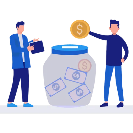 Boys Saving Money In Savings Jar  Illustration