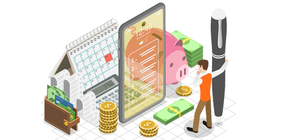 Budget Planning Mobile App, Family Budgeting, Personal Income and Expenses Planning  Illustration