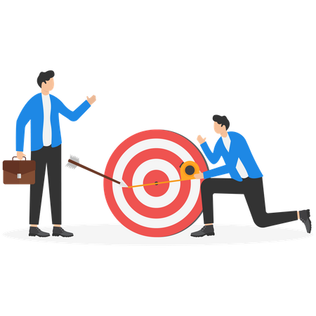 Businessman and colleague helping each other to measure distance between arrow and bullseye  Illustration